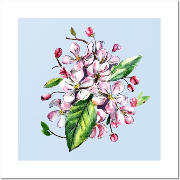 Apple Blossom Flowers Watercolor Painting Wall Art by Ratna Arts